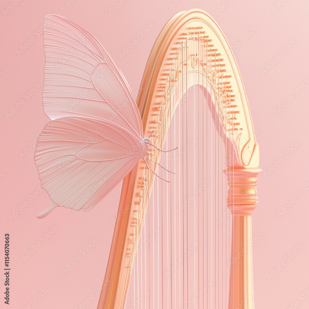 Poster butterfly is engaging in delicate performance plucking strings of small golden harp. colors are soft