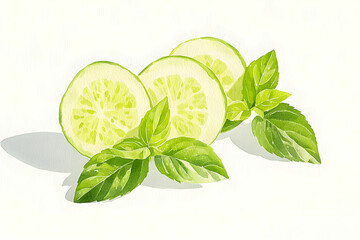 Fresh Lime Slices with Green Basil Leaves on Bright Background for Culinary Inspiration and Food Presentation
