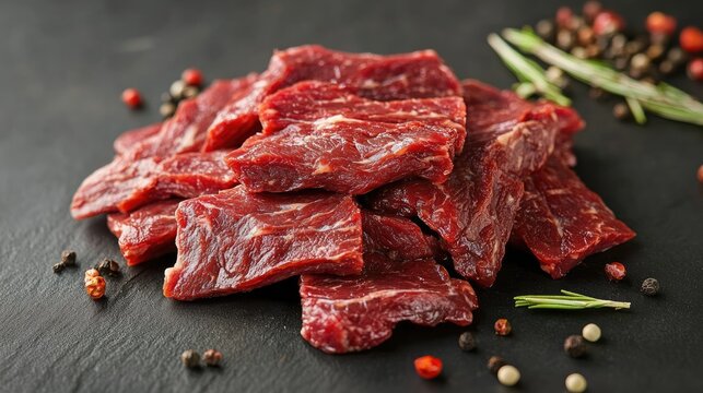 Premium Raw Beef Cuts on Black Slate with Fresh Herbs and Spices for Grilling and BBQ Preparation
