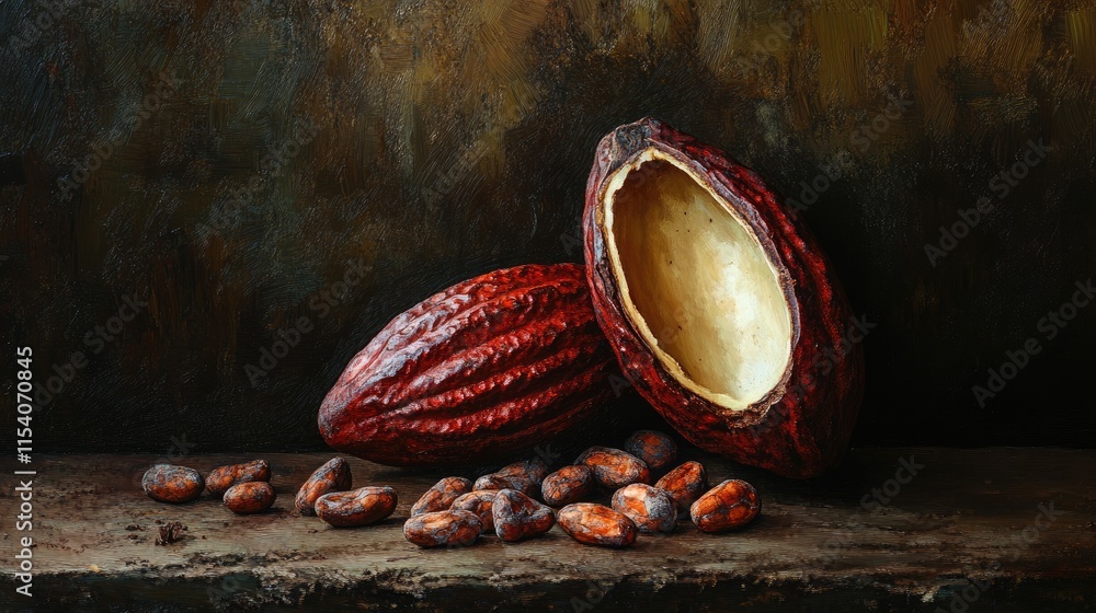 Aufkleber cocoa beans and pod on wooden surface in natural rustic setting