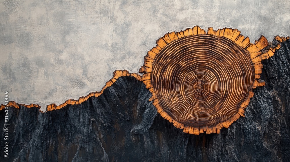 Poster textured wooden cross-section showcasing intricate tree rings and organic cracks against a rustic ba