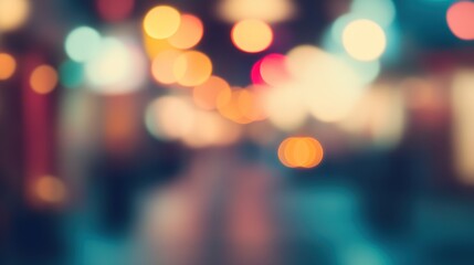 Blurred bright glowing lights of district in megapolis under dusk sky in evening on blurred background