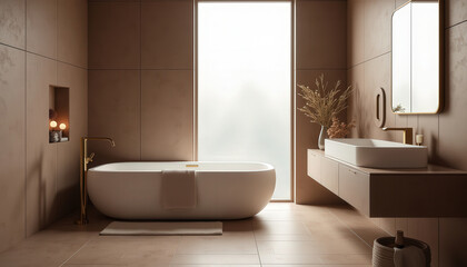 Modern bathroom with freestanding tub and natural tones. Color Mocha Mousse.