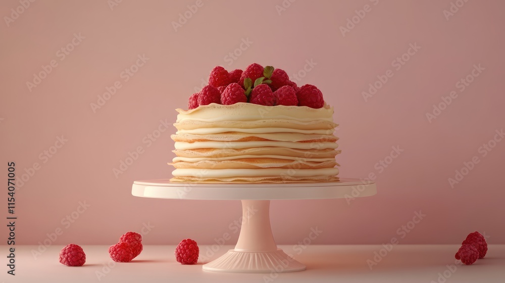 Poster raspberry crepe cake elegantly displayed on a cake stand with fresh raspberries against a soft paste