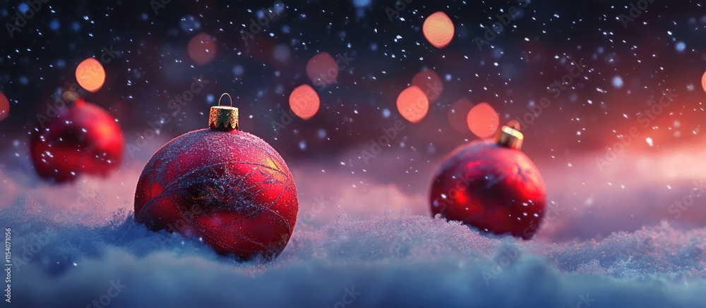 Poster red christmas ornaments in fresh snowfall illuminated by soft bokeh lights creating a festive winter
