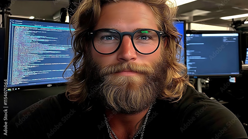 Poster bearded man with glasses codes in front of computers