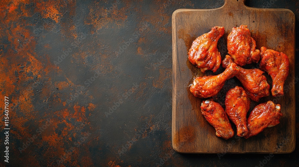 Poster marinated chicken wings coated in paprika and curry on a rustic wooden cutting board with empty spac