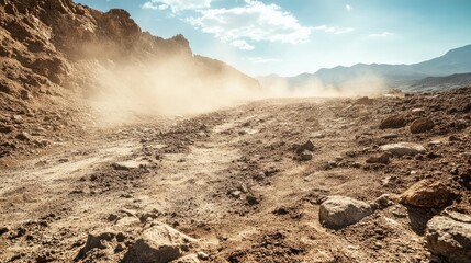 Dusty rocky landscape with rugged terrain under a bright sky capturing sunlight in a dry natural environment.