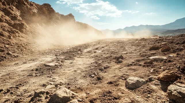 Dusty rocky landscape with rugged terrain under a bright sky capturing sunlight in a dry natural environment.