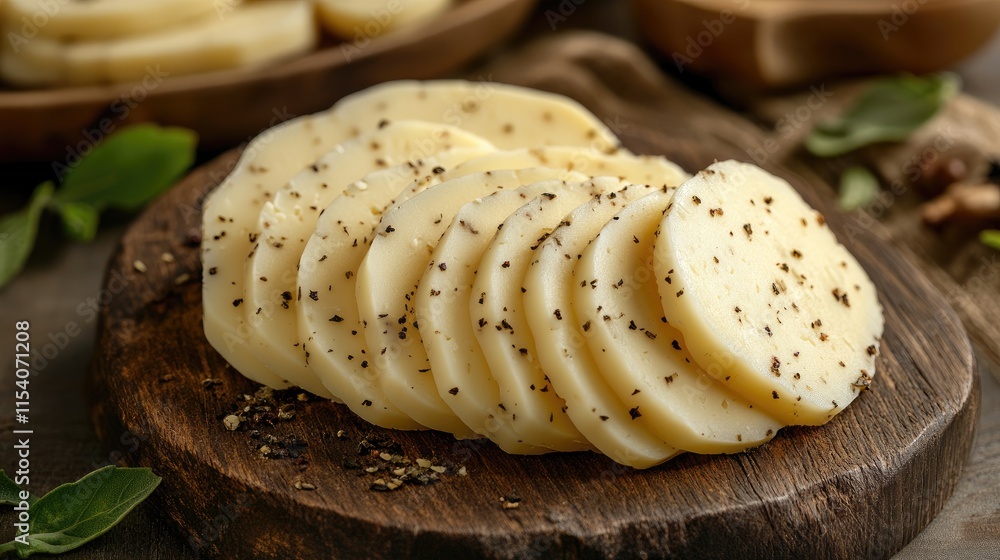 Poster sliced round cheese with herbs arranged on rustic wooden board isolated on neutral background with c