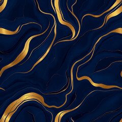 An abstract painting featuring swirling patterns of blue and gold hues