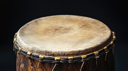 Obraz premium Round wooden drum with a worn leather top on a dark background showcasing traditional musical instrument craftsmanship