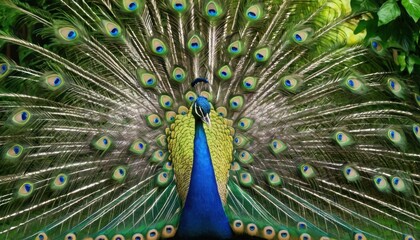 Obraz premium A vibrant peacock in a sunlit garden, proudly showcasing its brilliant and colorful tail feathers, symbolizing grace, beauty, and nature’s artistry