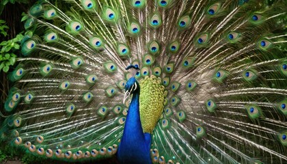 Obraz premium A dazzling peacock spreads its colorful fan of feathers, highlighting its natural elegance and the stunning details of its eye-catching plumage