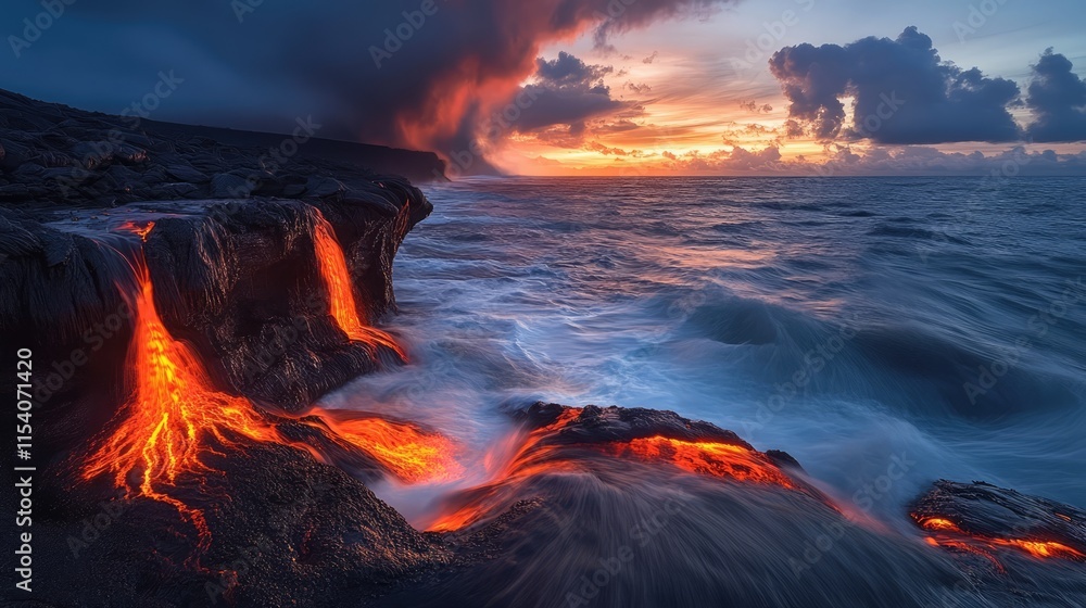 Poster dynamic seascape showcasing lava rocks with flowing water, captured in slow shutter speed for a tran