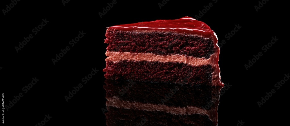 Poster red velvet cake slice isolated on black background tempting dessert close up with reflection and spa