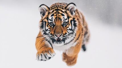 Fototapeta premium Majestic Tiger Running Through Snowy Landscape in Winter Scene