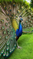 Fototapeta premium A majestic peacock displaying its vibrant, iridescent tail feathers in full bloom, showcasing the intricate eye-like patterns in a lush garden under a bright sky