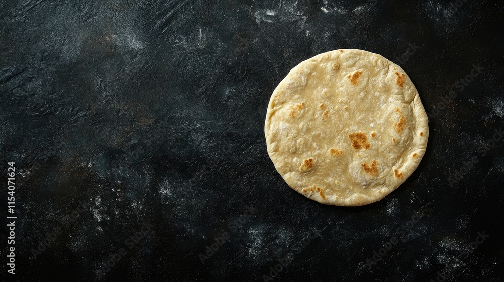 Poster round pita bread on dark textured background with ample copy space for food related designs or recip