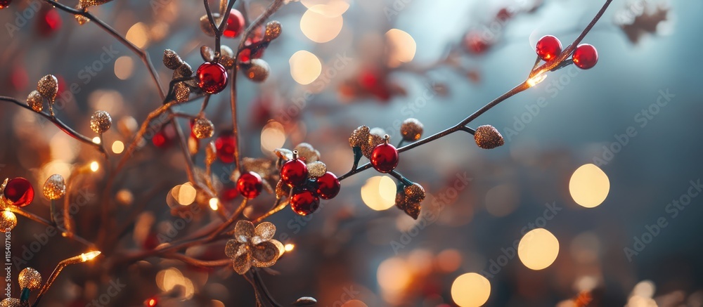 Poster elegant red and gold ornaments on a festive tree with bokeh background in a cozy loft setting beauti