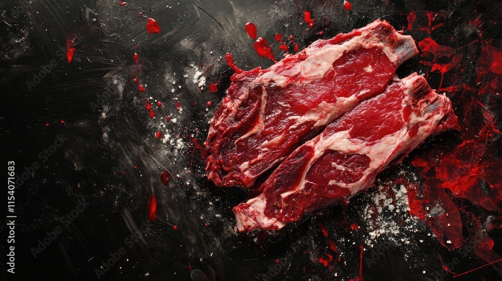 Poster raw meat cuts displayed artistically on a dark background with splashes of color showcasing freshnes