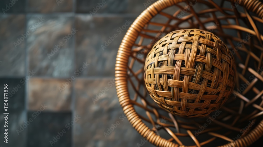 Poster rattan ball placed inside a woven basket with a textured background highlighting natural craftsmansh
