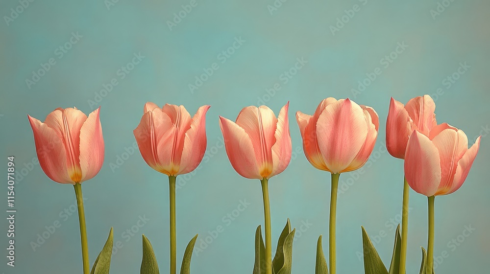 Poster pink tulips in a row with a soft blue background creating a vibrant and festive floral display for t