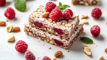 Raspberry cake with nuts and mint on a white background showcasing a delicious raw dessert treat