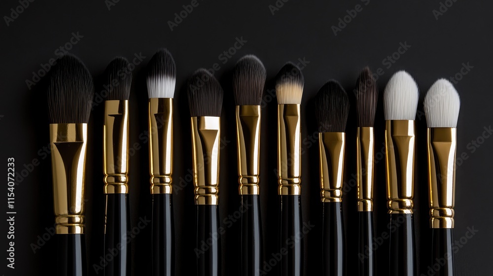 Poster artistic brushes arranged neatly on a dark background showcasing various shapes and sizes for painti