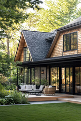 A stunning, modern farmhouse in the woods, with a baked neutral-colored shingle roof and black windows, sits on an inviting deck with lush green grass, overlooking a beautiful backyard garden.