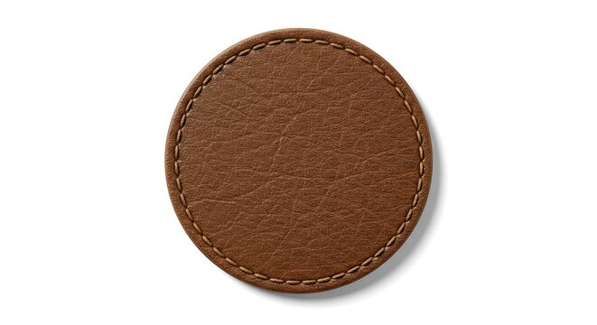 High-quality realistic patch mockup featuring natural grain and stitching on a circular leather patch, white background cut out