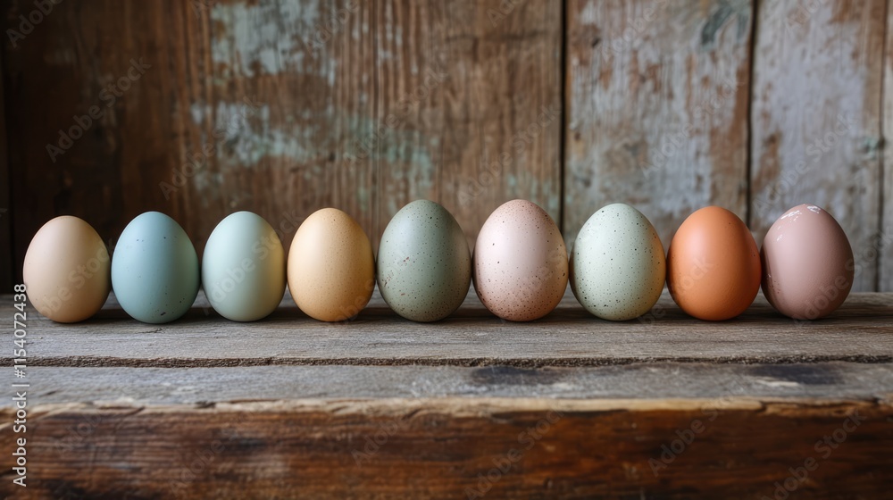 Poster pastel colored easter eggs arranged neatly on a rustic wooden table creating a festive and inviting 