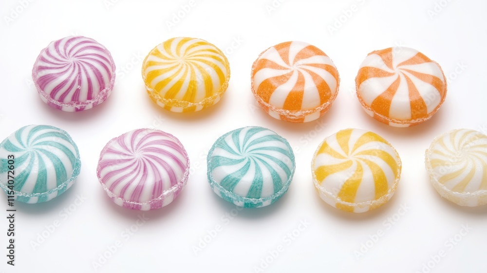 Poster colorful round candies arranged in a row on a clean white background creating a visually appealing a