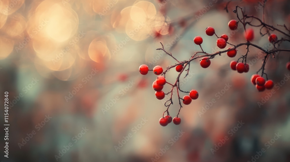Poster ripening rowanberries on a branch with a blurred bokeh background enhancing the warm autumn atmosphe