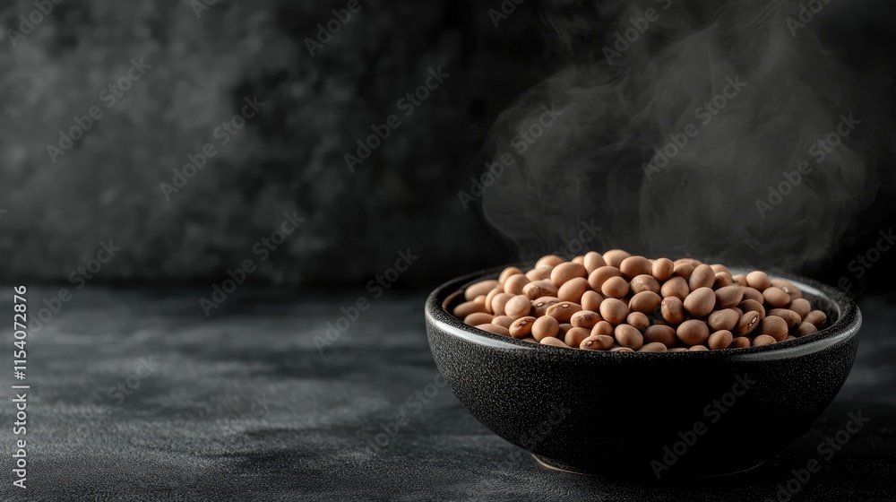 Poster pinto beans steaming in a black bowl on a dark textured surface showcasing their natural color and t