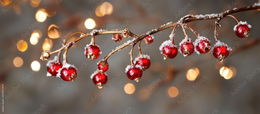Aufkleber red berries covered in snow hanging from a branch with bokeh lights in the background creating a ser