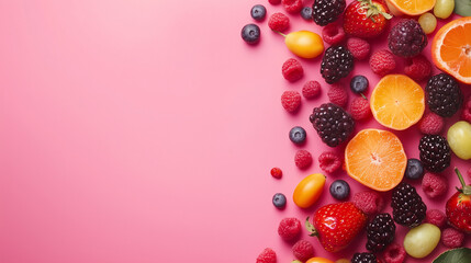 Obraz premium Różnorodne owoce lata w żywych barwach, ułożone w estetycznej kompozycji, tworzące naturalne tło z miejscem na napis lub projekt graficzny.