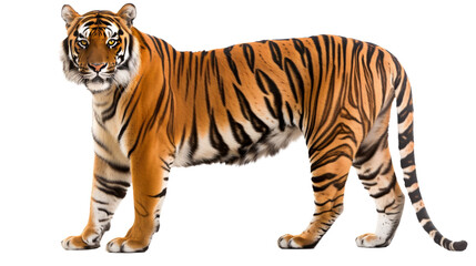 Obraz premium A detailed side profile of a Bengal tiger standing, isolated on a transparent background, symbolizing strength, wilderness, and beauty.