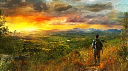 A hiker gazes over a vibrant landscape at sunset, reflecting nature's beauty and adventure.