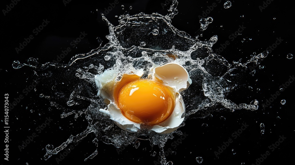 Poster dynamic splash of an egg on a black background showcasing vibrant yolk and broken shell with dramati