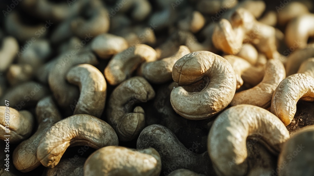 Poster raw cashew nuts arranged in a natural setting showcasing their unique shapes and textures with a sof