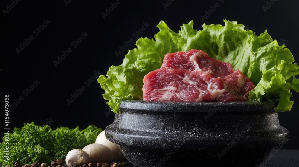 Poster Raw beef surrounded by fresh lettuce displayed in a black mortar with spices and mushrooms on a dark background.