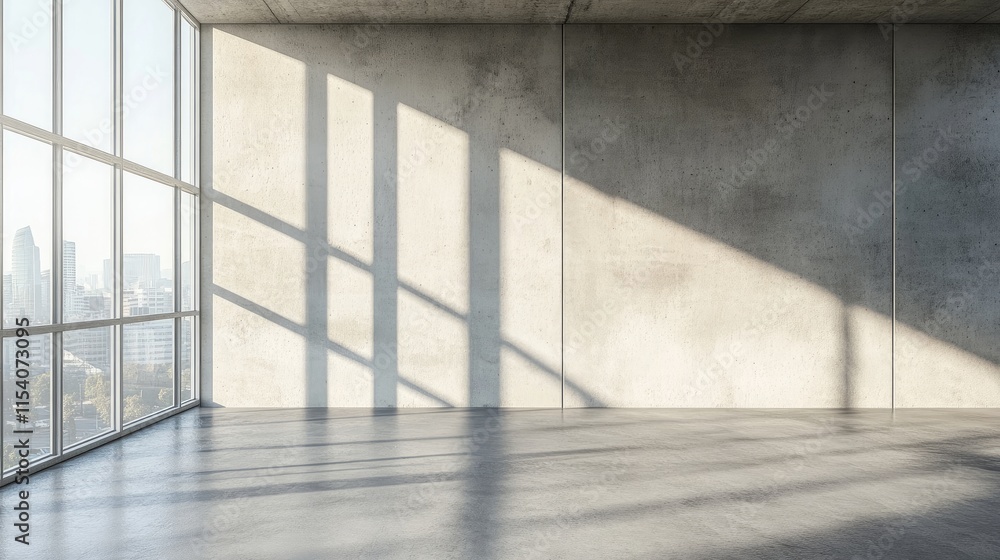 Poster brutalist architecture interior with raw concrete wall and large windows casting dynamic shadows on 