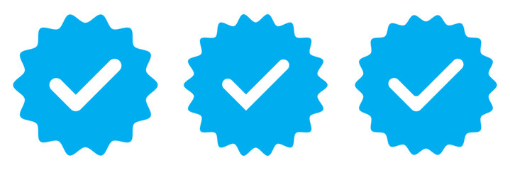Social media account verification icons. Verified badge profile set. Isolated check mark on black, blue and white. Set of blue check mark badge icons. Profile verification icons. © NOVA STOCK
