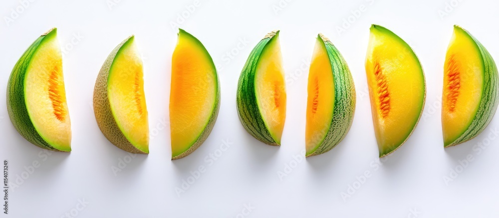 Poster fresh ripe melon half and slices arranged on a clean white background displaying vibrant colors and 