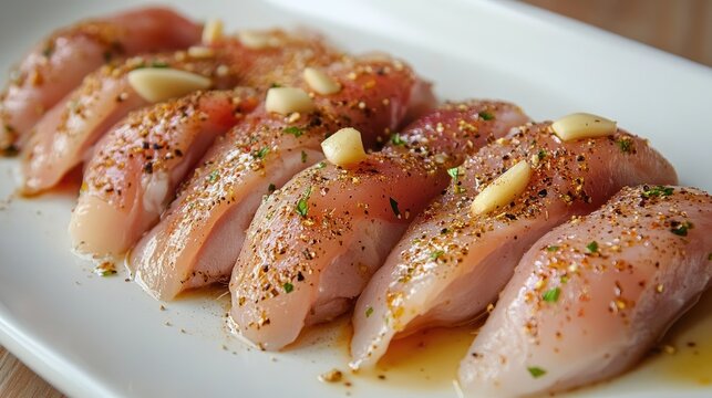 Marinated raw chicken tails seasoned with spices and garlic on a white plate ready for cooking and culinary preparation