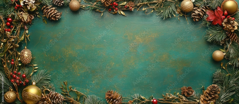 Poster rectangle frame of festive christmas decorations on a vibrant green textured background creating a c