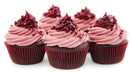 Raspberry cupcakes with pink frosting arranged on a white background showcasing delicious dessert treats for celebrations and events