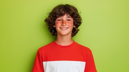 Happy smiling boy in red shirt against bright green background