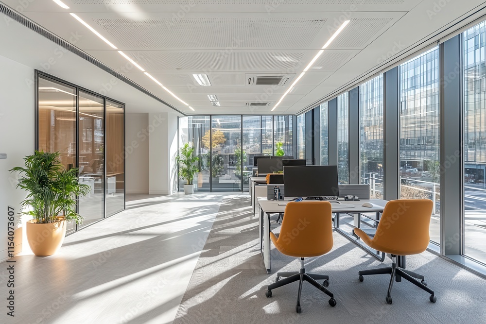 Poster modern empty office space features ergonomic chairs and minimalist design with ample daylight. gener